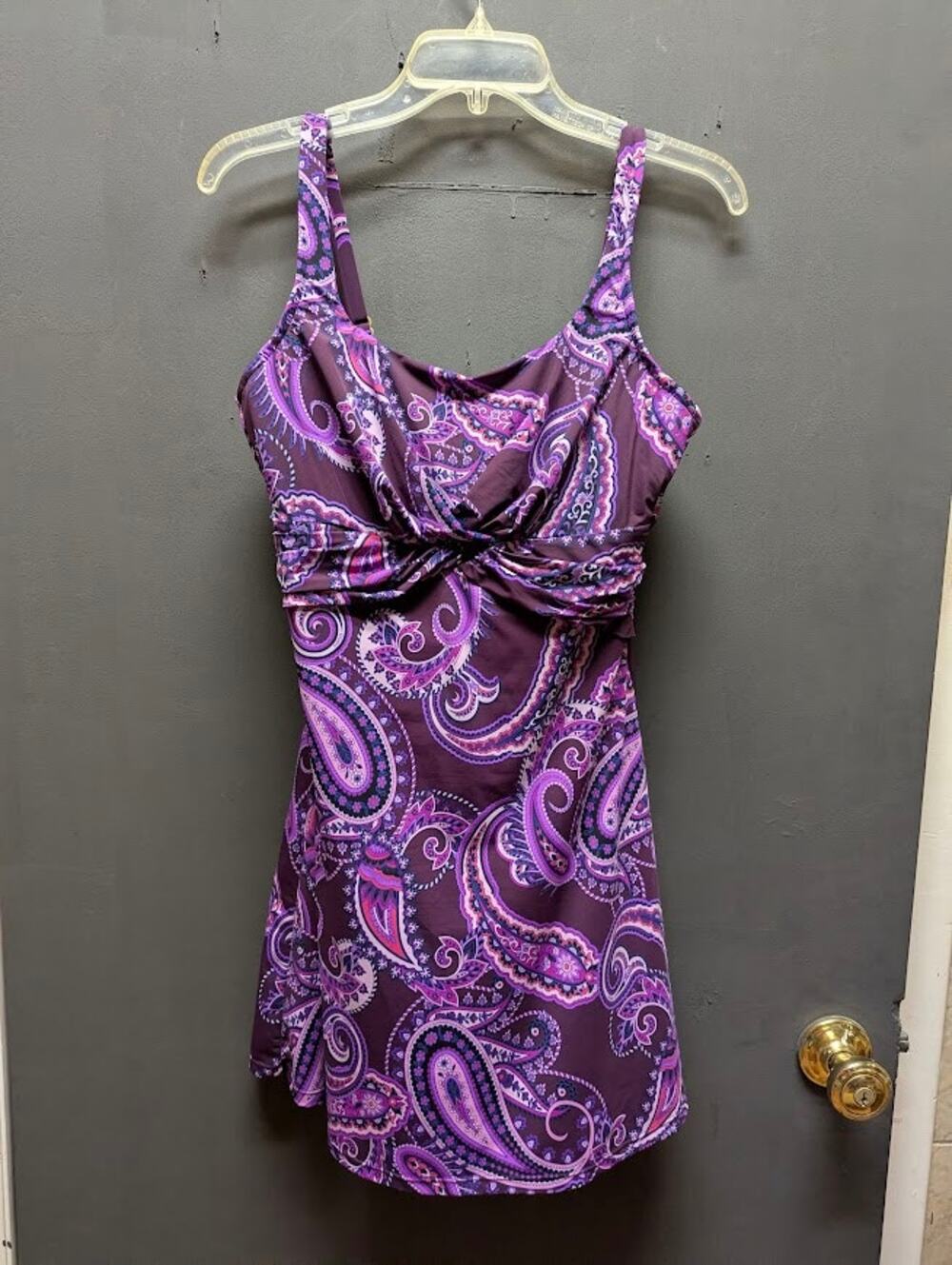 Lands' End purple paisley 10 D Bathing Suit 1 Pc. Dress Style Adjustable Straps